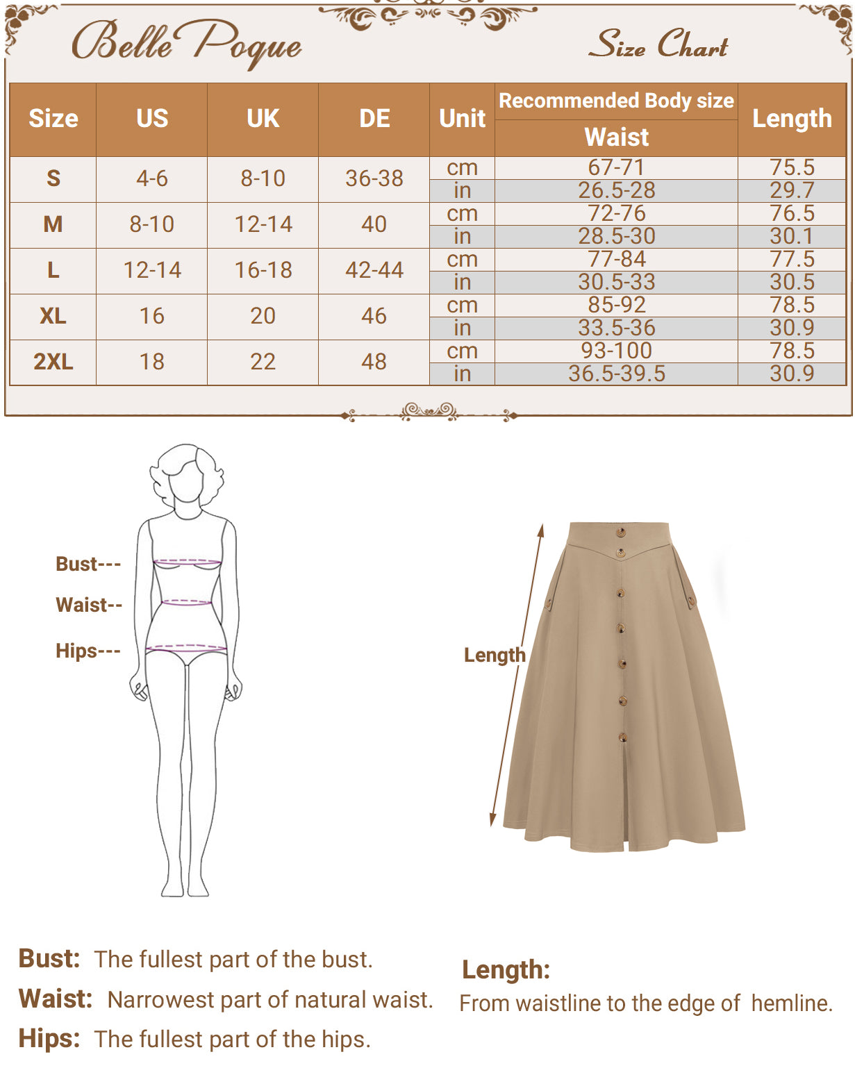 belle poque Belle Poque Women's Vintage A-Line Skirt with Slit Hem
