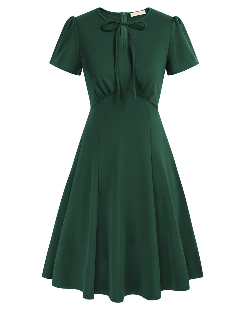 belle poque Vintage A-Line Swing Dress Keyhole Tie Dress Round Neck Work Dress Tea Dress Dark Green