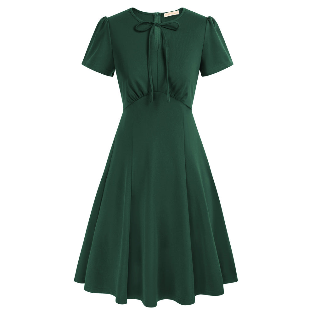 belle poque Vintage A-Line Swing Dress Keyhole Tie Dress Round Neck Work Dress Tea Dress Dark Green