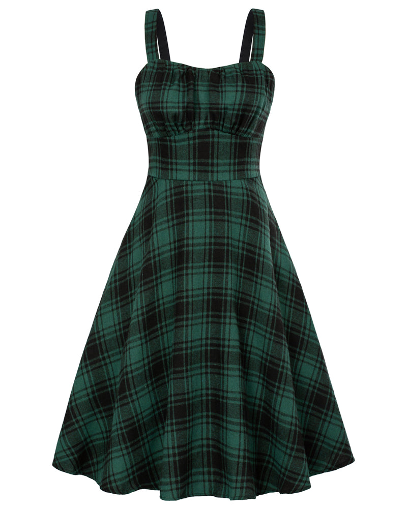 belle poque Vintage Two-Way Defined Waist Dress Ruched Bodice Flared Plaid A-Line Dress Dark Green