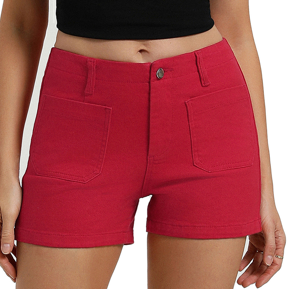 belle poque 2026 Women Jean Shorts High Waisted Micro Cargo Denim Shorts Red