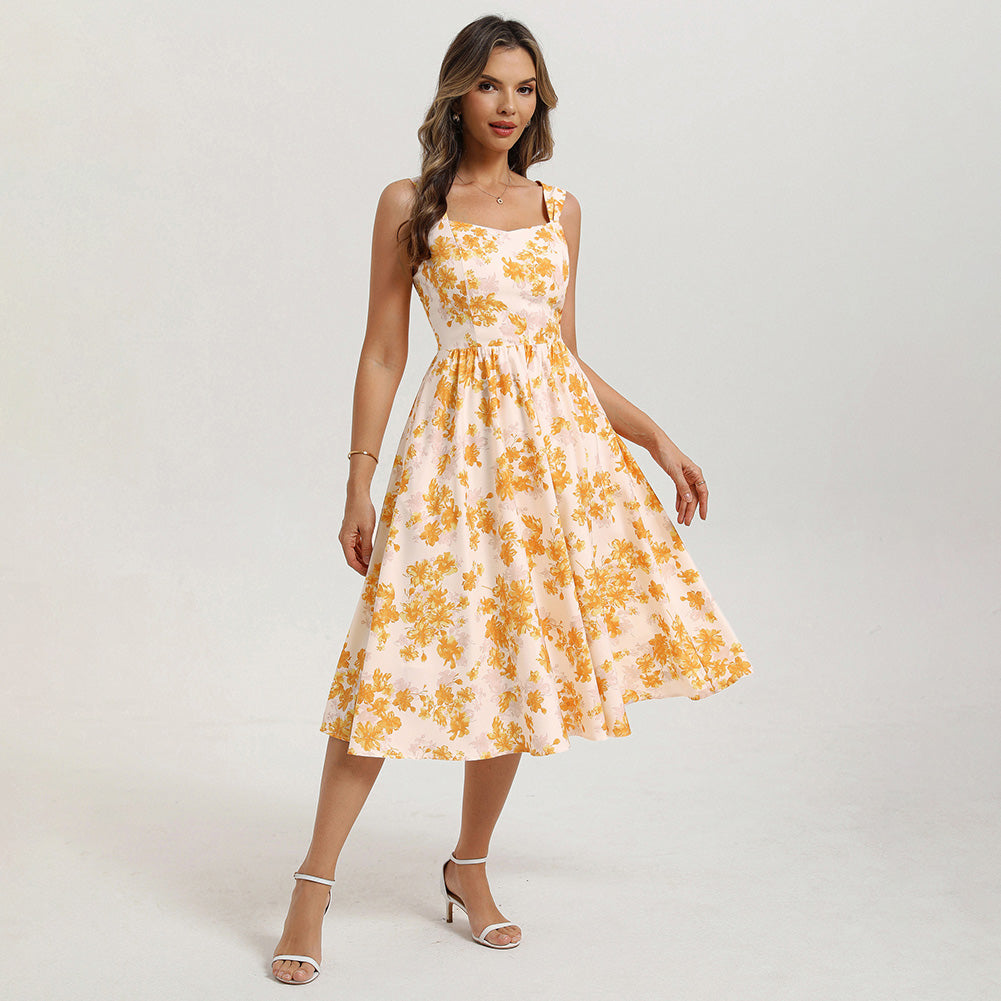 belle poque Women's Floral Midi Sundress with Pockets Spring Summer Dresses for Wedding Guest