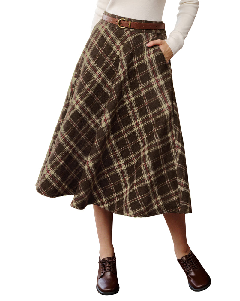 belle poque Women Vintage Plaided Swing Skirt Elastic Waist Mid-Calf Length A-Line Skirt