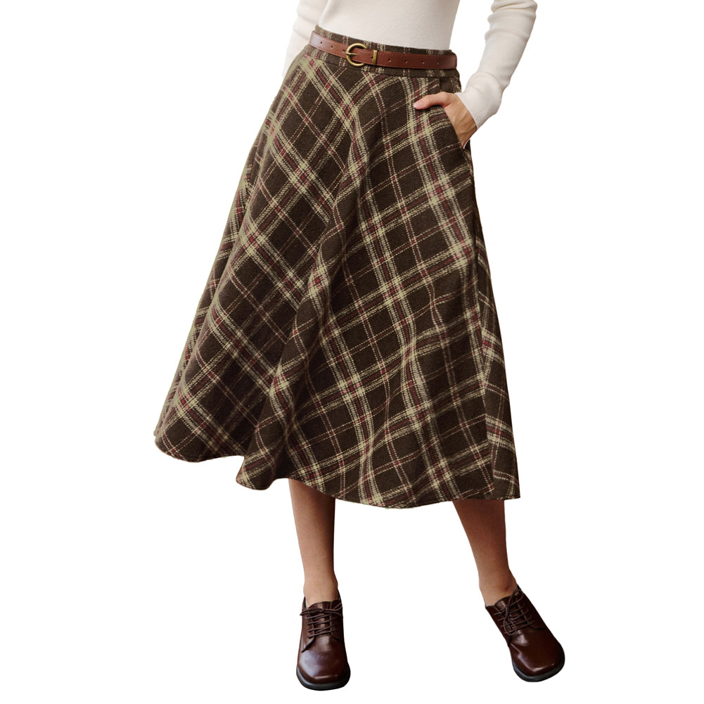 belle poque Women Vintage Plaided Swing Skirt Elastic Waist Mid-Calf Length A-Line Skirt
