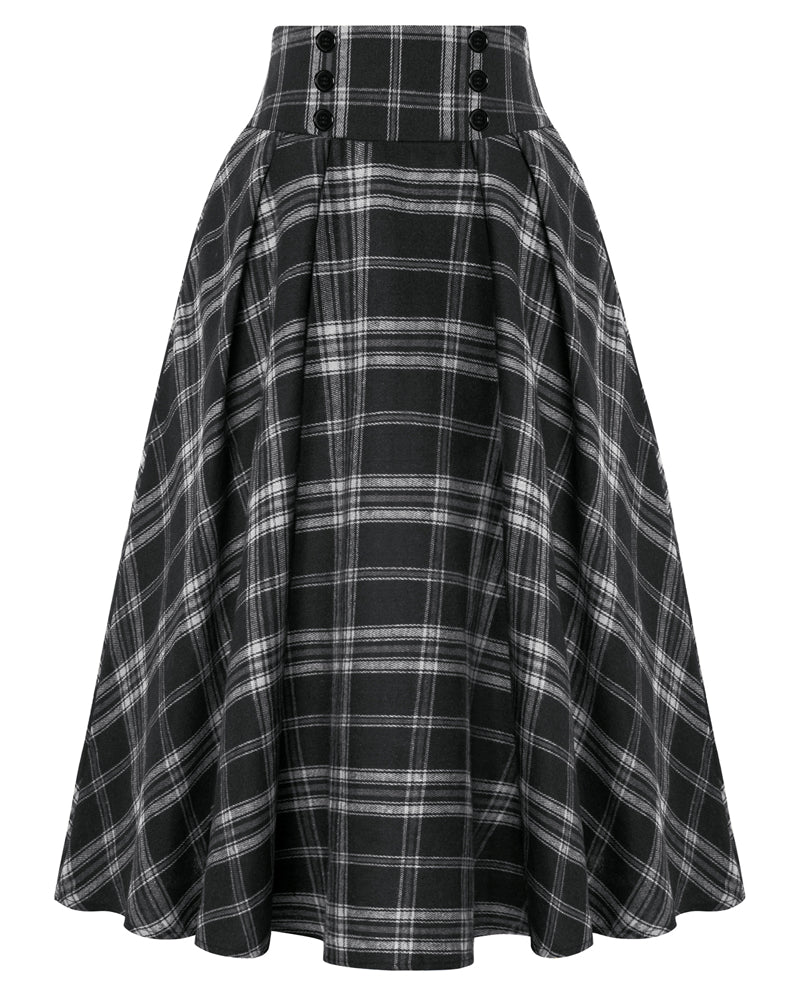 belle poque Plaid Skirts for Women High Waisted Midi Skirt A-line Pleated Fall Skirts 2025 Black