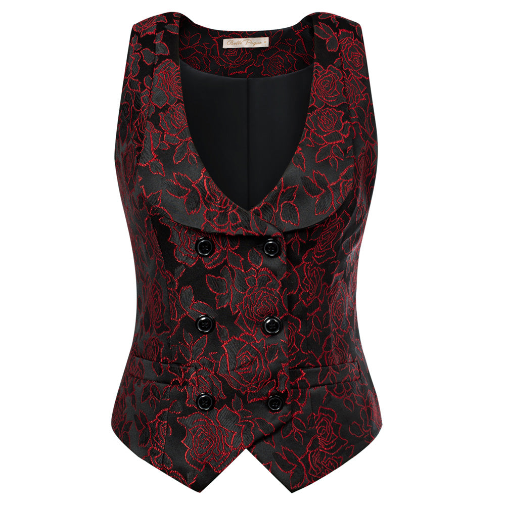 belle poque Vintage Floral Printed Double Breasted Vest Deep V-Neck Handkerchief Hem Vest Coat Red