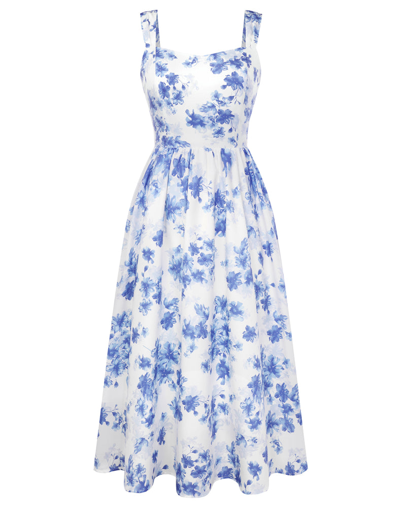 belle poque Women's Floral Midi Sundress with Pockets Spring Summer Dresses for Wedding Guest Blue