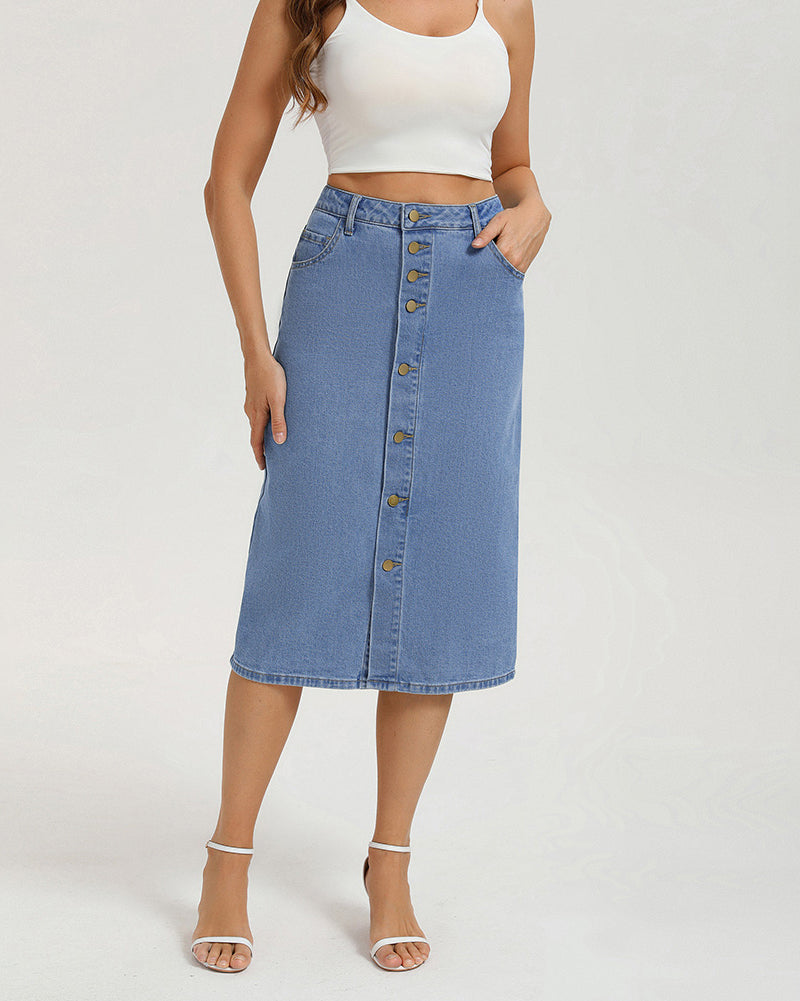 belle poque 1980s Vintage Jean Skirts for Women Front Slit Midi Work Skirt with Pockets