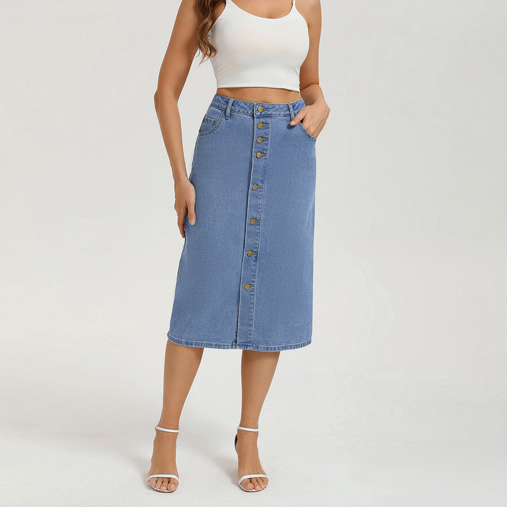 belle poque 1980s Vintage Jean Skirts for Women Front Slit Midi Work Skirt with Pockets