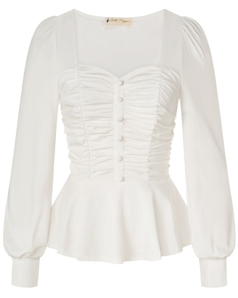 belle poque Women Vintage Ruched Tops Puffed Long Sleeve Peplum Hem Tops White