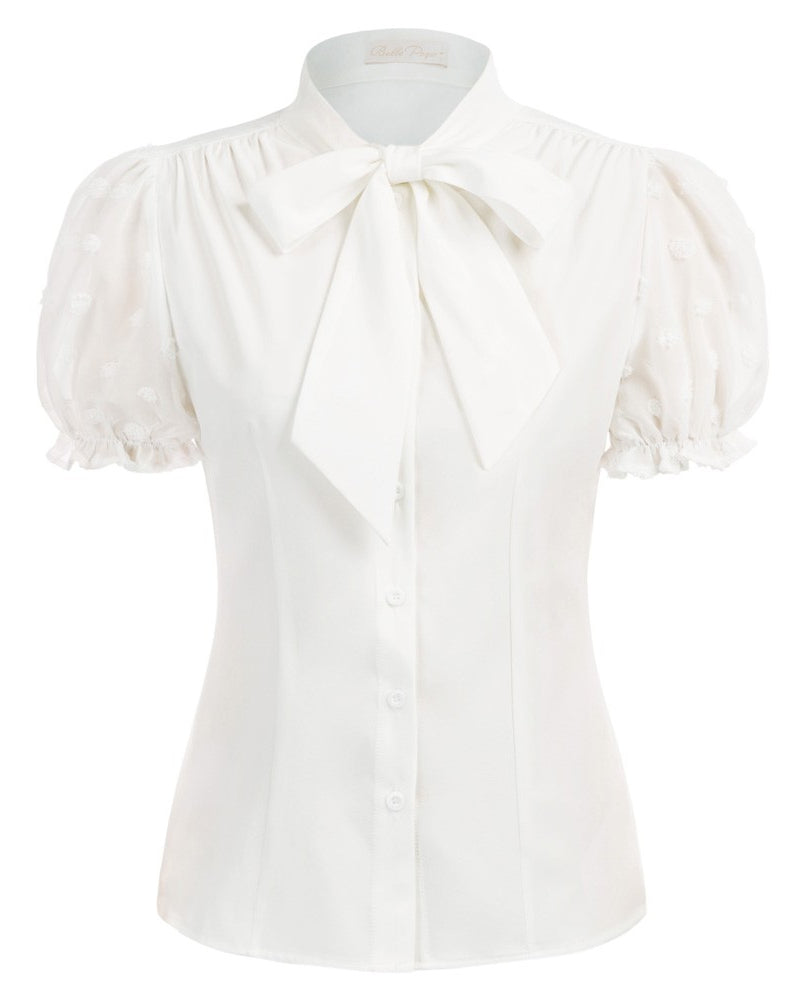 belle poque Bow-Knot Decorated Shirt Short Sleeve Stand Collar Tops White