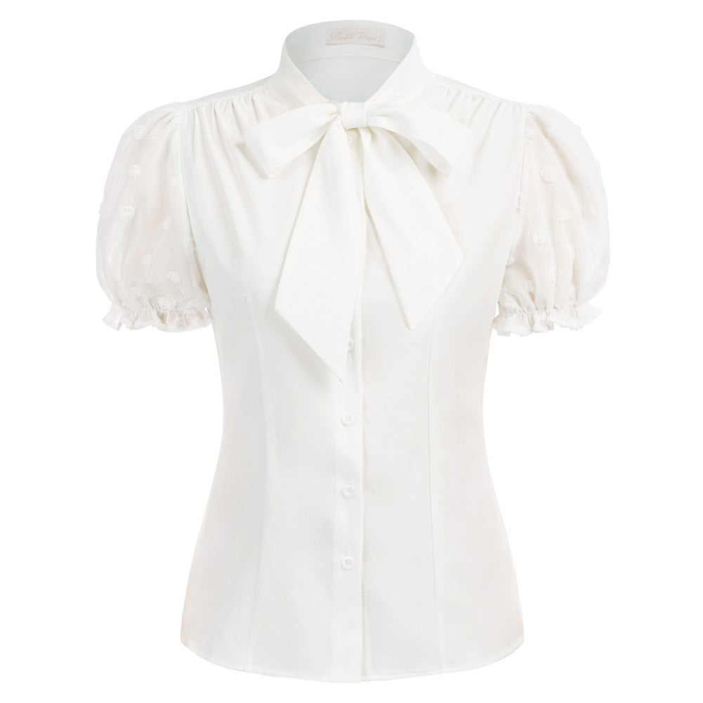 belle poque Bow-Knot Decorated Shirt Short Sleeve Stand Collar Tops White