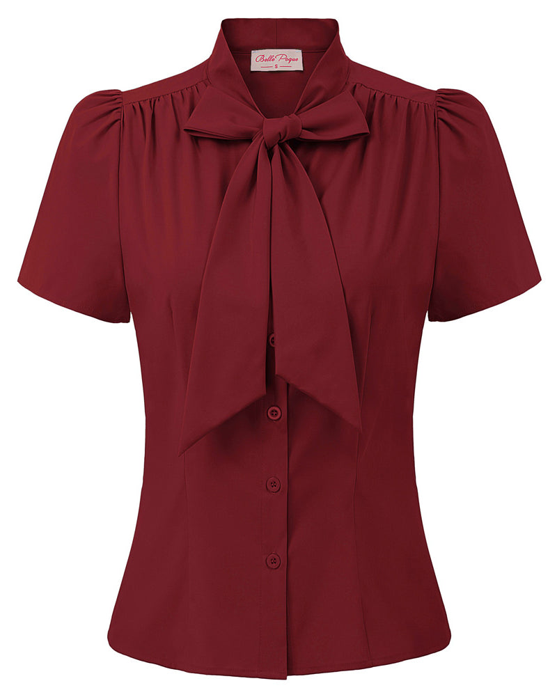 belle poque Summer Short Sleeve Office Button Down Blouse Stripe Shirt Tops with Bow Tie Red