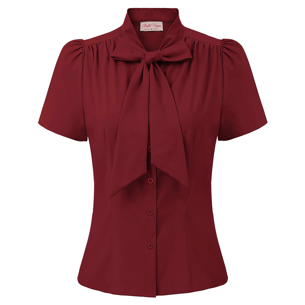 belle poque Summer Short Sleeve Office Button Down Blouse Stripe Shirt Tops with Bow Tie