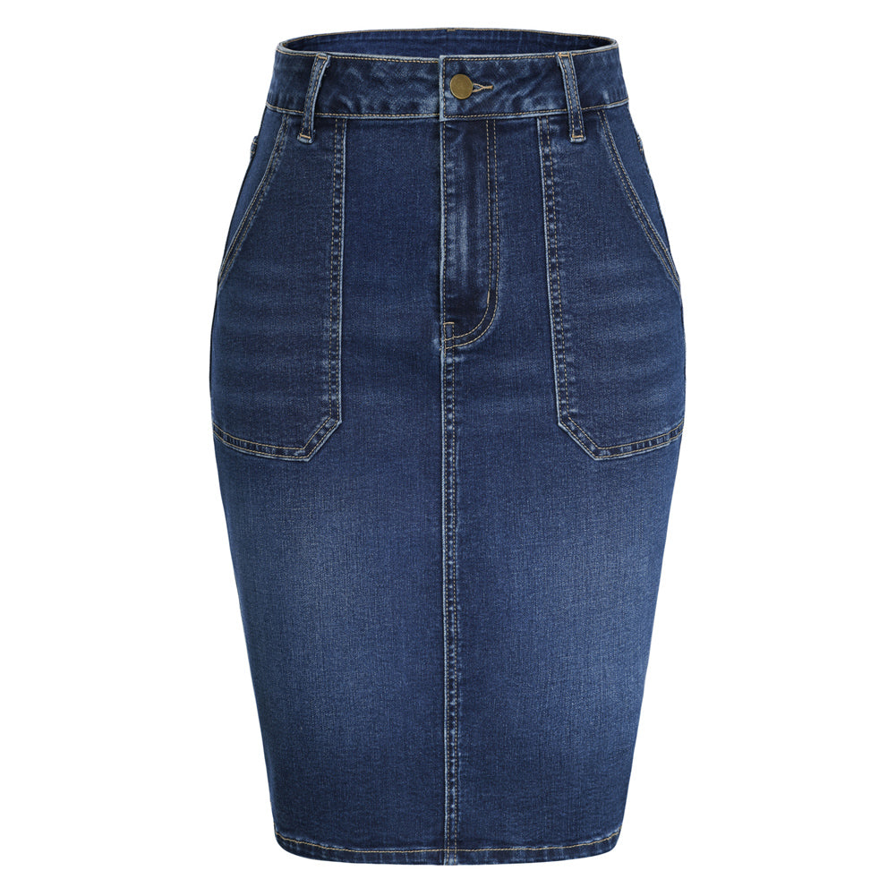 belle poque 2026 Women's Denim Skirt Knee Length Jean Skirt with Pockets Blue