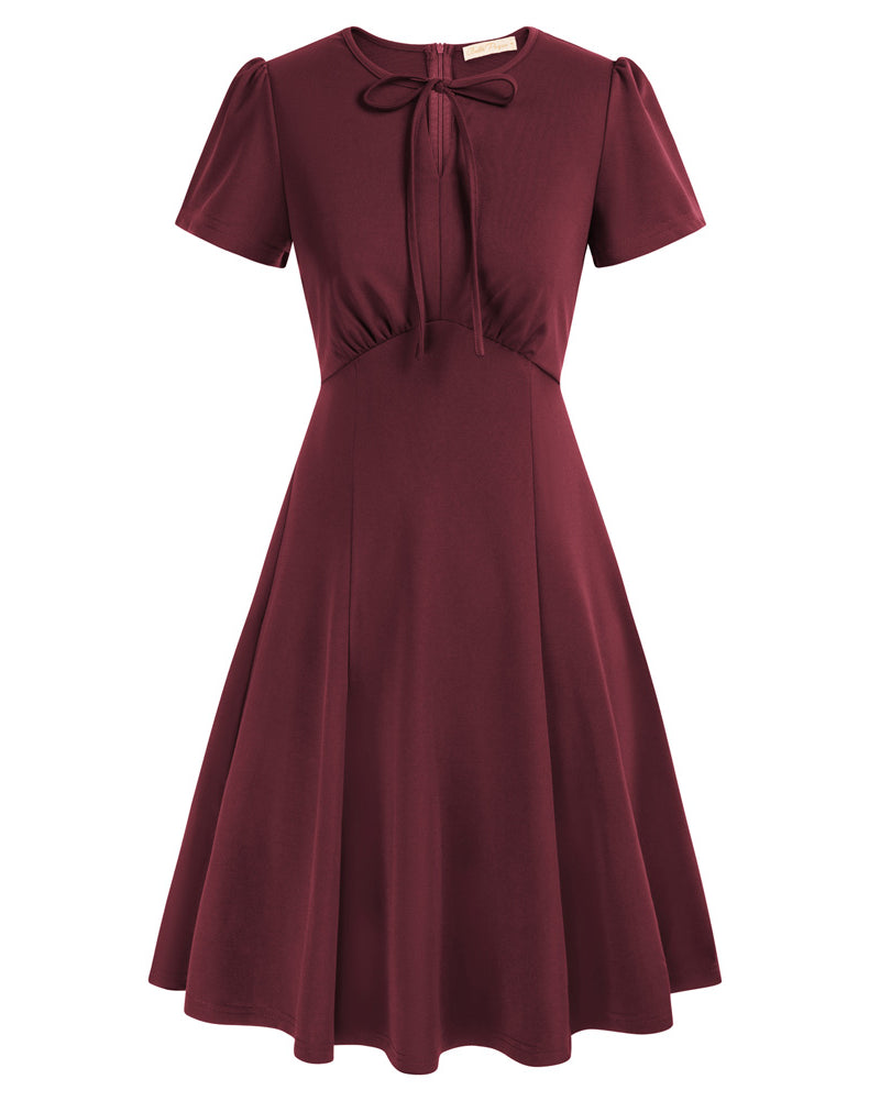 belle poque Vintage A-Line Swing Dress Keyhole Tie Dress Round Neck Work Dress Tea Dress Wine Red