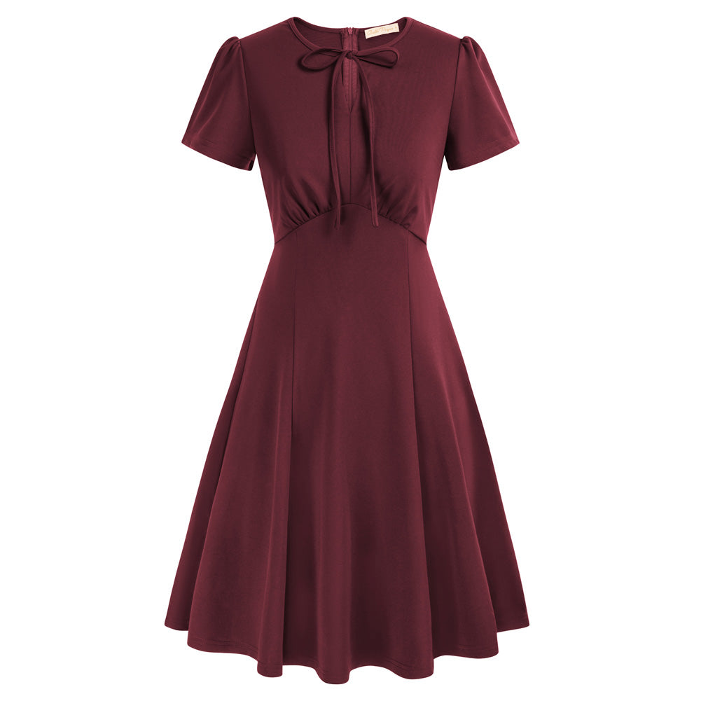 belle poque Vintage A-Line Swing Dress Keyhole Tie Dress Round Neck Work Dress Tea Dress Wine Red