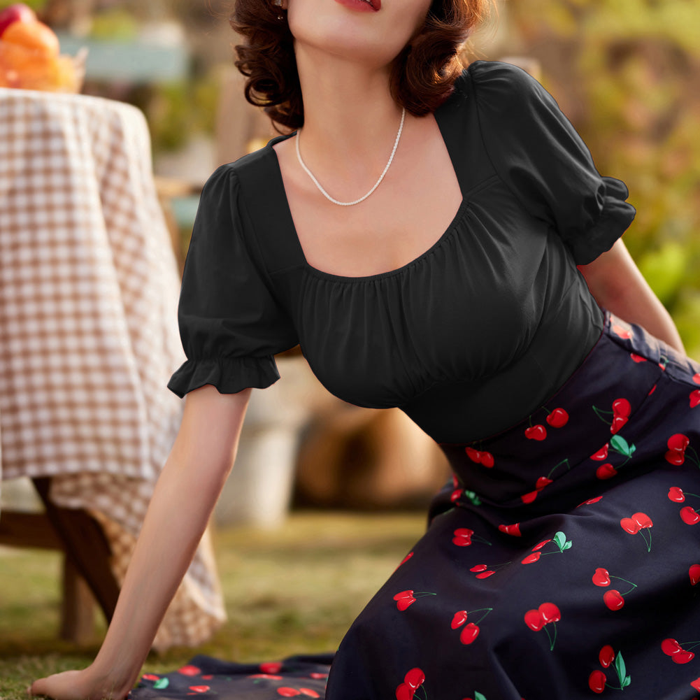 belle poque Solid Color Cotton Tops Slim Fit Puffed Short Sleeve Ruched Tops