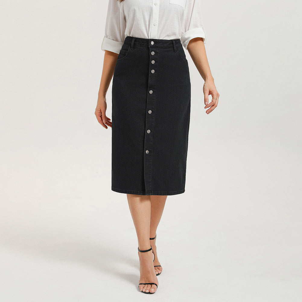 belle poque 1980s Vintage Jean Skirts for Women Front Slit Midi Work Skirt with Pockets