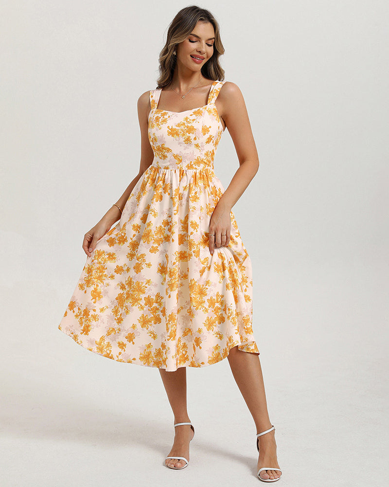 belle poque Women's Floral Midi Sundress with Pockets Spring Summer Dresses for Wedding Guest