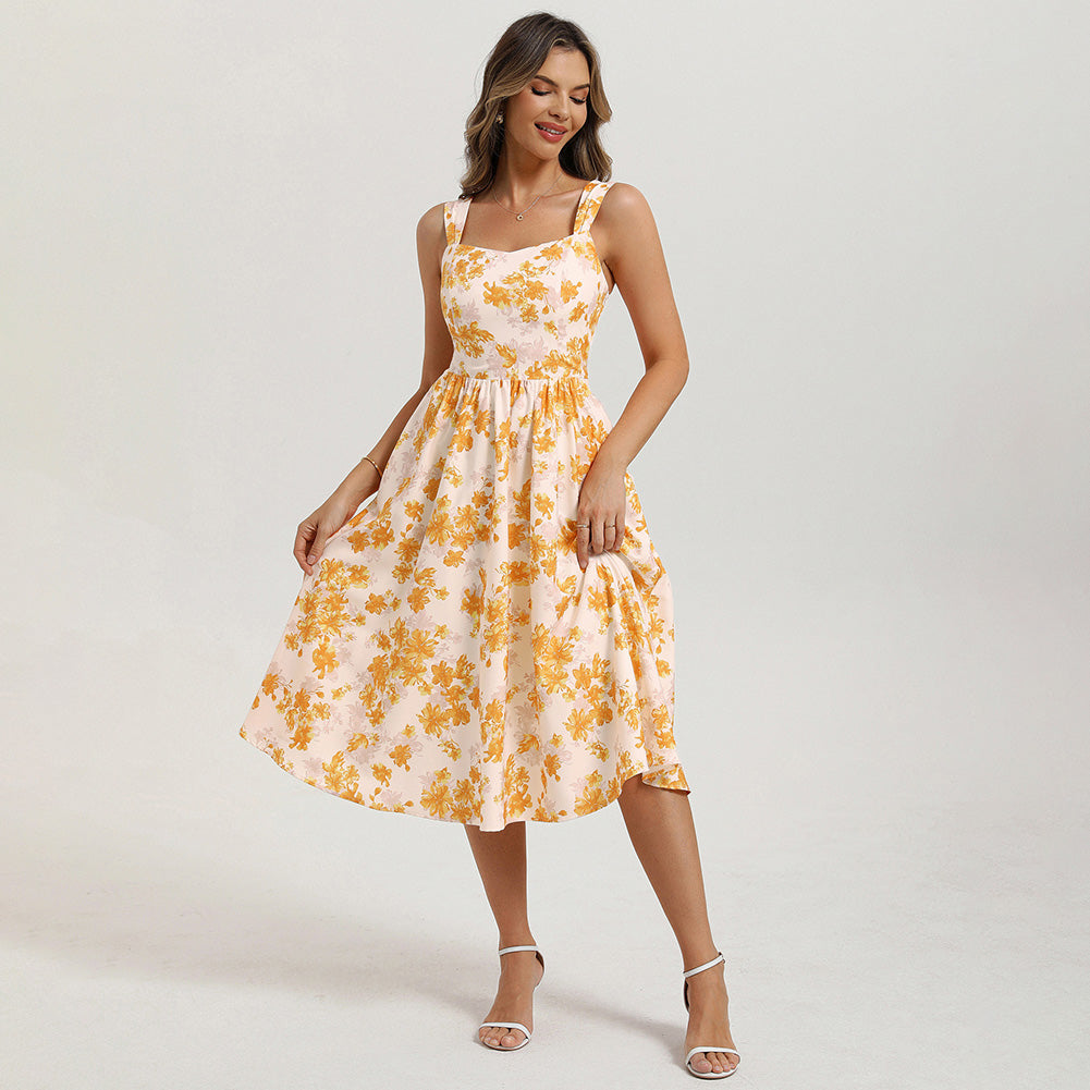 belle poque Women's Floral Midi Sundress with Pockets Spring Summer Dresses for Wedding Guest