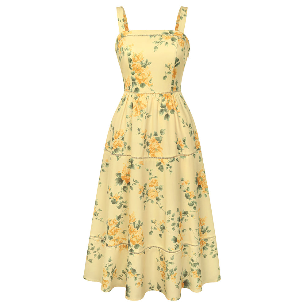 belle poque 2026 Milkmaid Dress Women Vintage Midi Tea Garden Party Sundresses with Pockets Yellow
