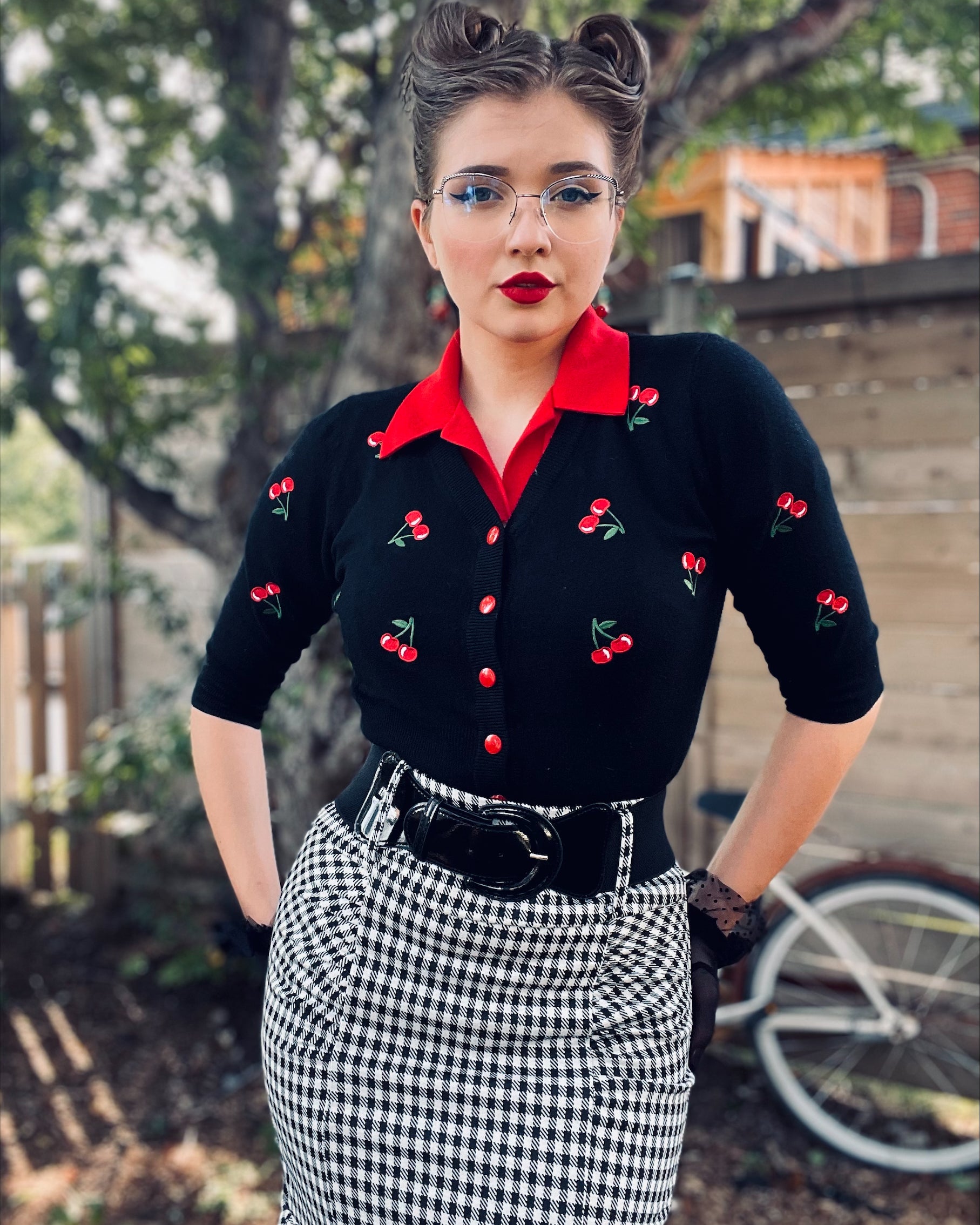 belle poque 3/4 Sleeve V-Neck Button Down Cherries Embroidery Cropped Cardigan Sweater Coat