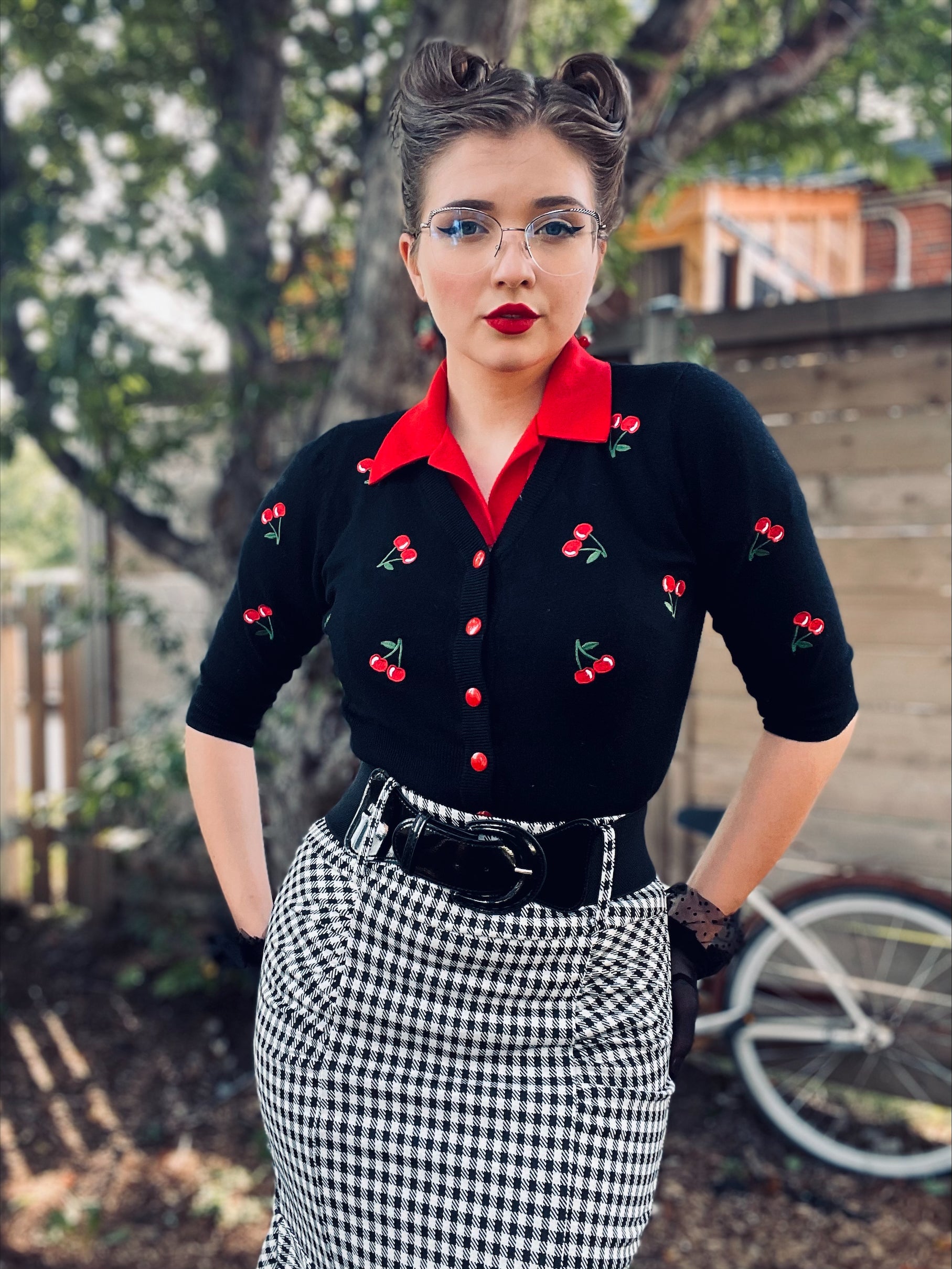 belle poque Women's 3/4 Sleeve Button Down Cherries Embroidery Cropped Cardigan Sweater Coat