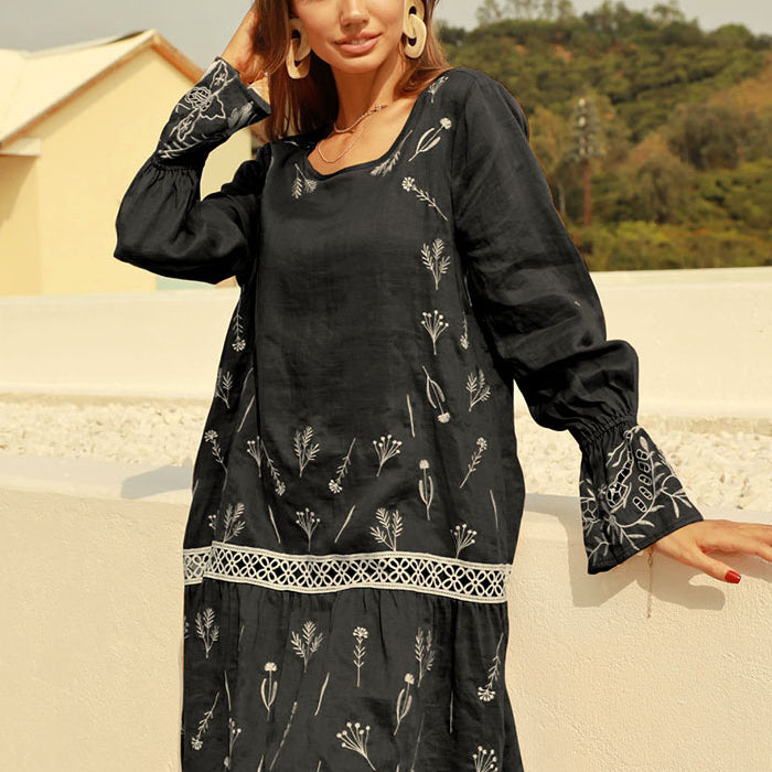 belle poque Frieeah Embroidered A-line Dress Black