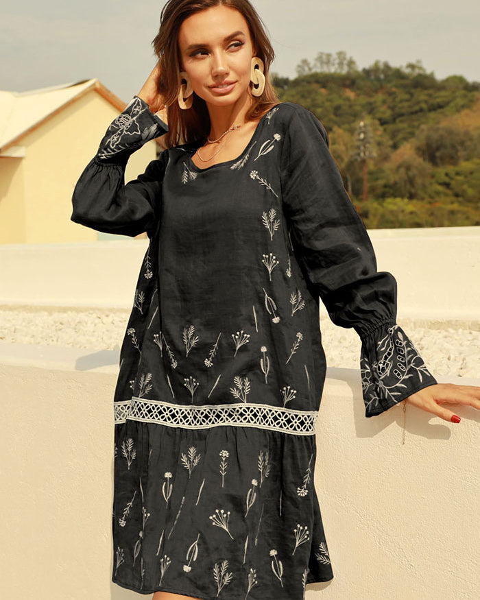 belle poque Frieeah Embroidered A-line Dress Black