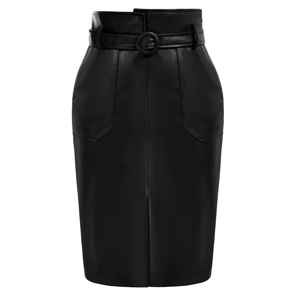 belle poque Vintage PU Leather Skirt with Belt High Waist Front Slit Bodycon Skirt= Black