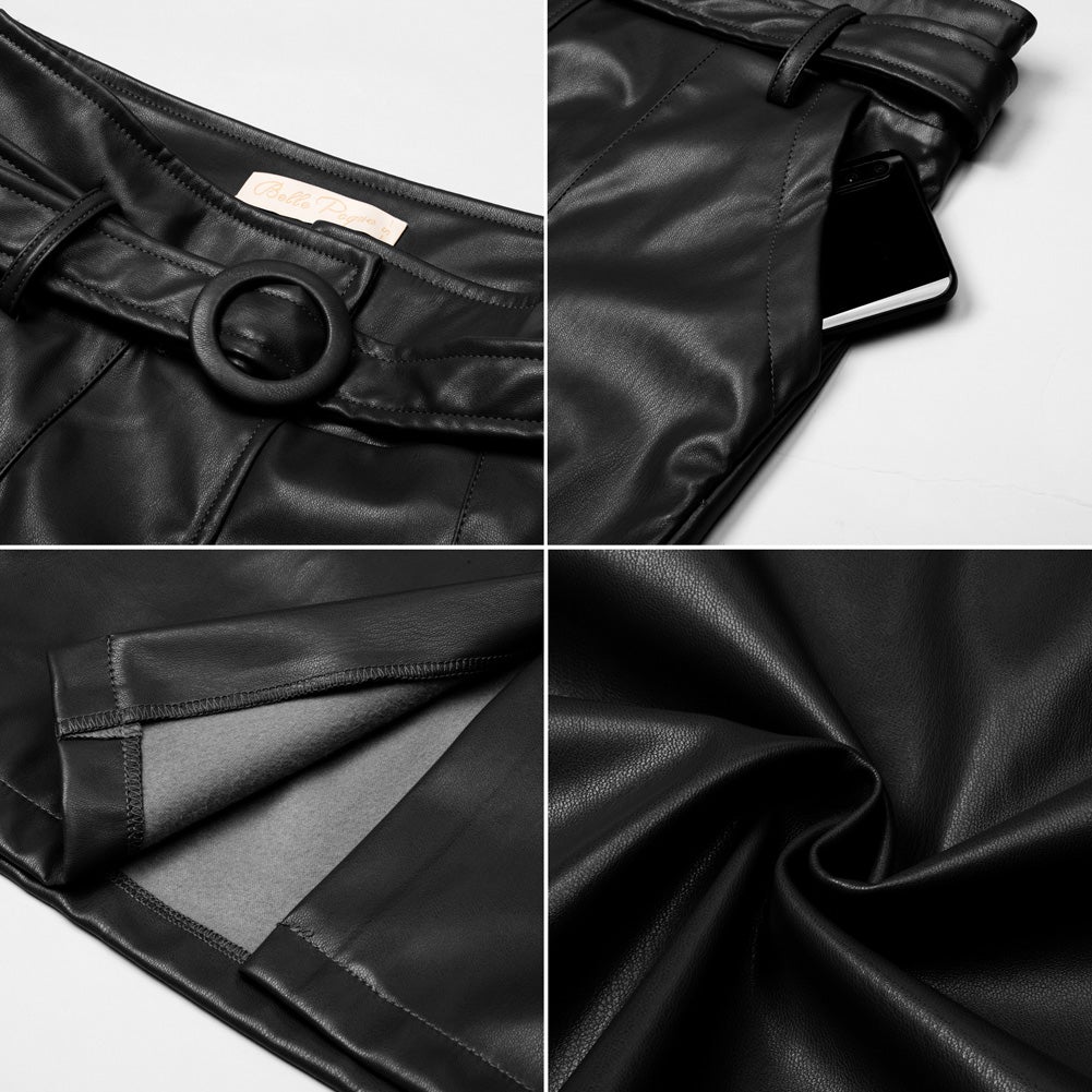 belle poque Vintage PU Leather Skirt with Belt High Waist Front Slit Bodycon Skirt=