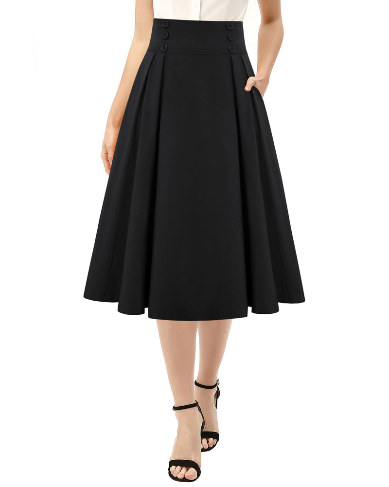 belle poque Women's Vintage Pleated Buttons Elastic Waist High A-Line Skirt