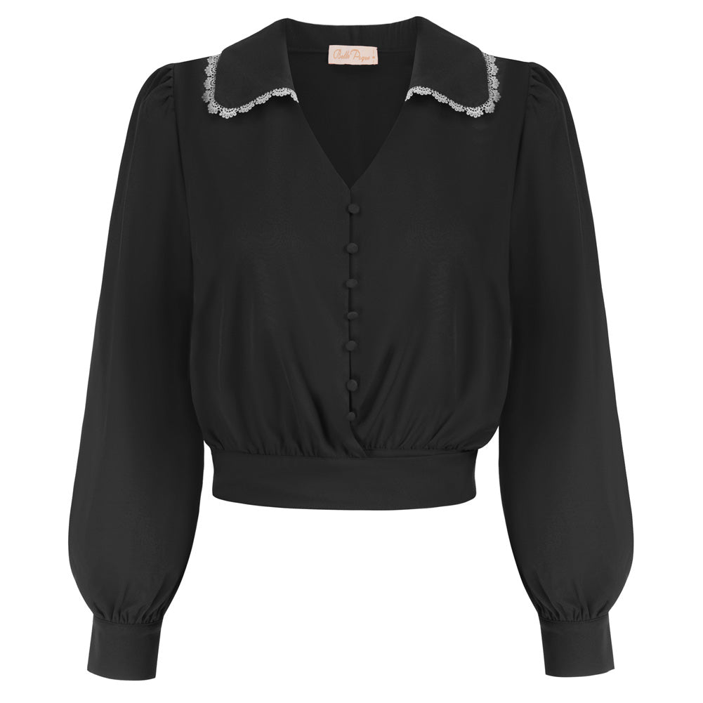 belle poque Seckill Offer⌛Vintage Cropped Shirt Long Lantern Sleeve Lapel V-Neck Button-up Tops
