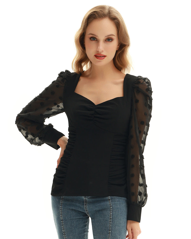 belle poque Seckill Offer⌛Vintage See-Through Patchwork Puffed Long Sleeve V-Neck Blouse