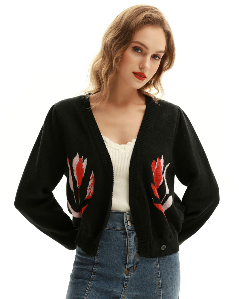 belle poque Seckill Offer⌛Wrap V Neck Long Sleeve Tulip Cropped Knit Cardigan Sweater