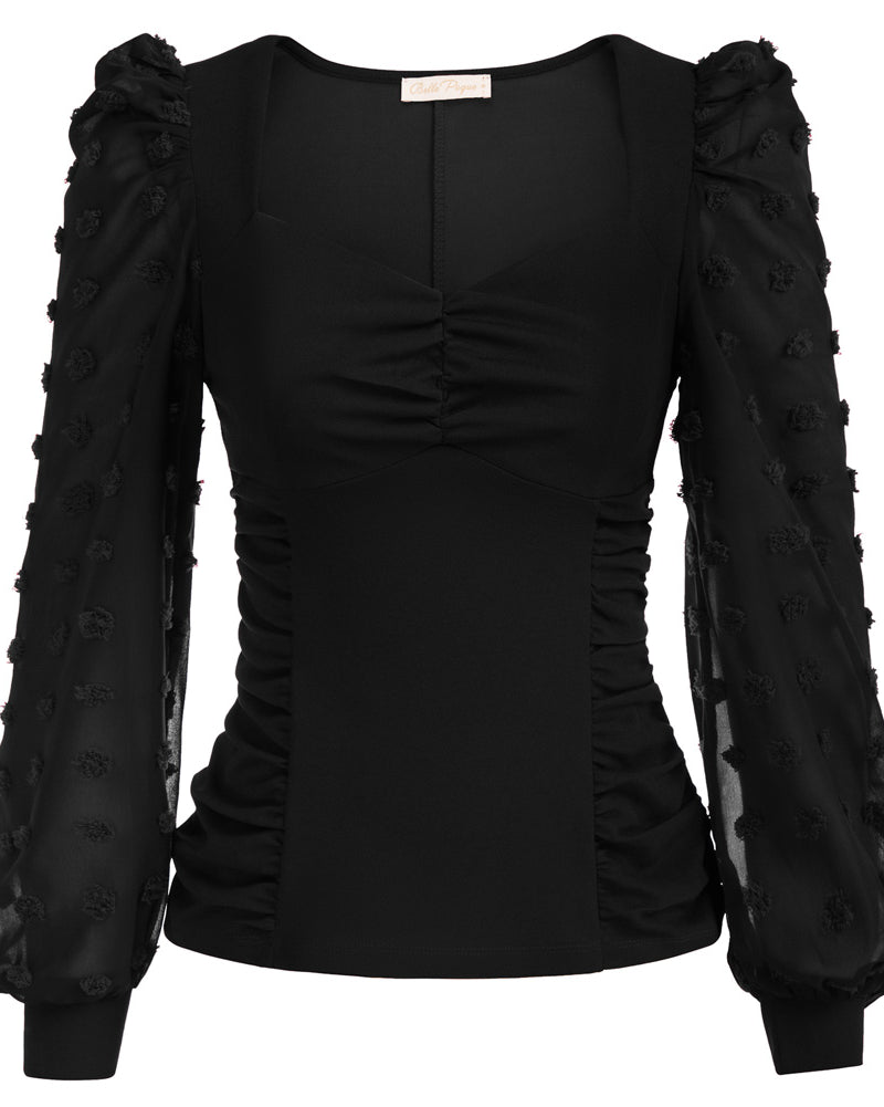 belle poque Seckill Offer⌛Vintage See-Through Patchwork Puffed Long Sleeve V-Neck Blouse Black