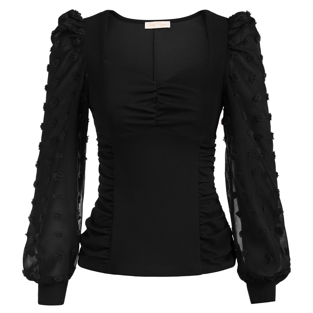belle poque Seckill Offer⌛Vintage See-Through Patchwork Puffed Long Sleeve V-Neck Blouse Black