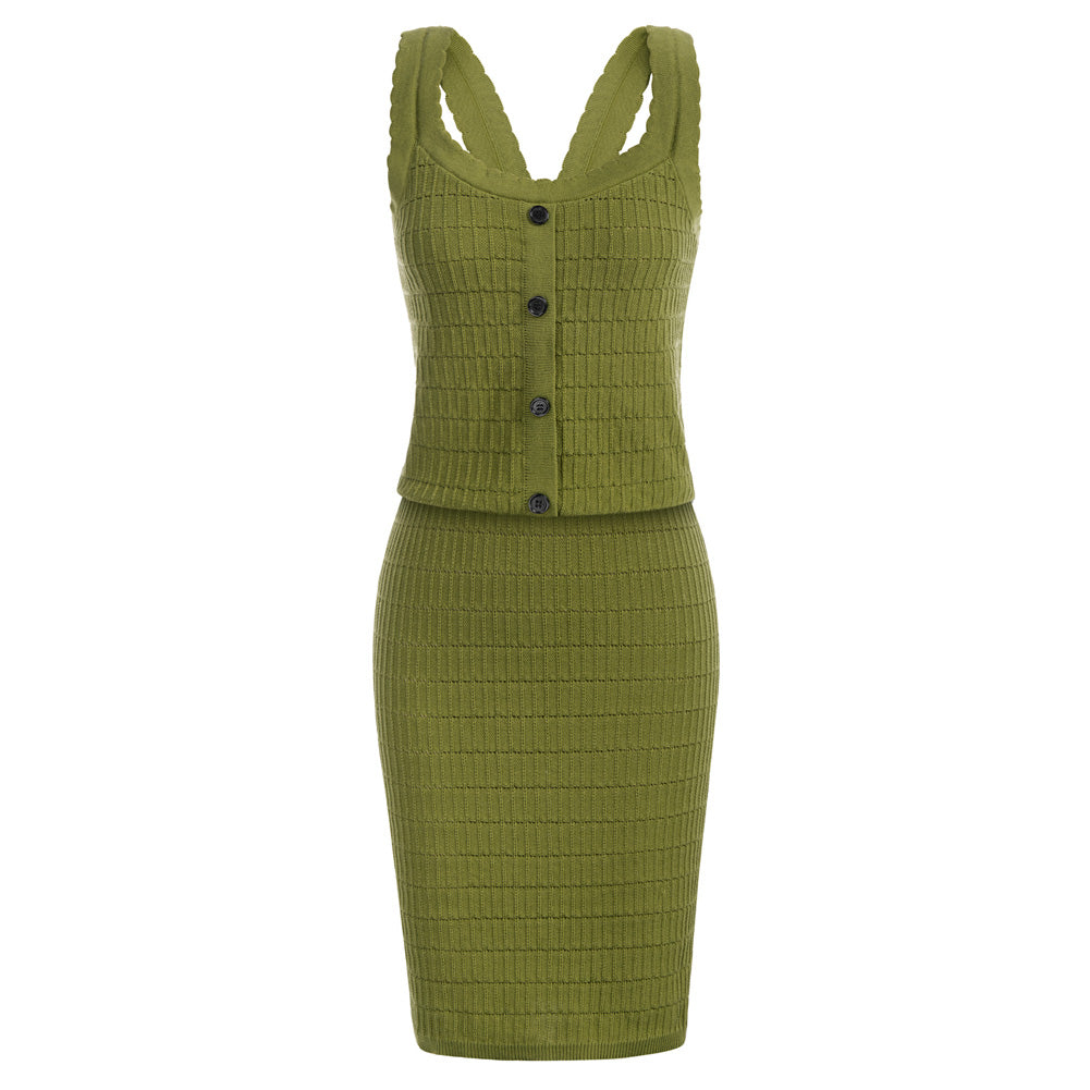 belle poque Vintage Jacquard Textured Outfits U-Neck Tops+Above Knee Skirt Knitwear Green S
