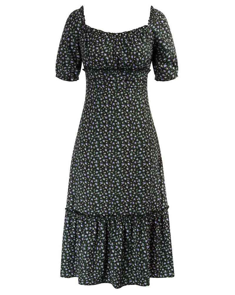 belle poque Floral Printed Two-Way Dress Short Sleeve Square Neck/Off Shoulder A-Line Dress Black