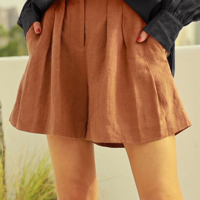 belle poque Frieeah Elastic Waist Pleated Shorts Ginger