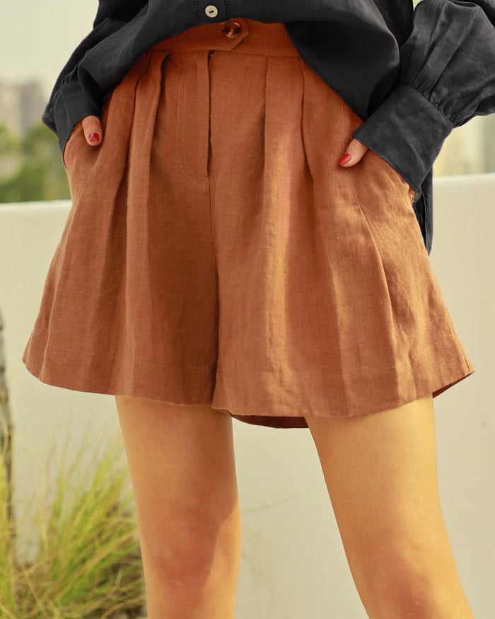 belle poque Frieeah Elastic Waist Pleated Shorts Ginger