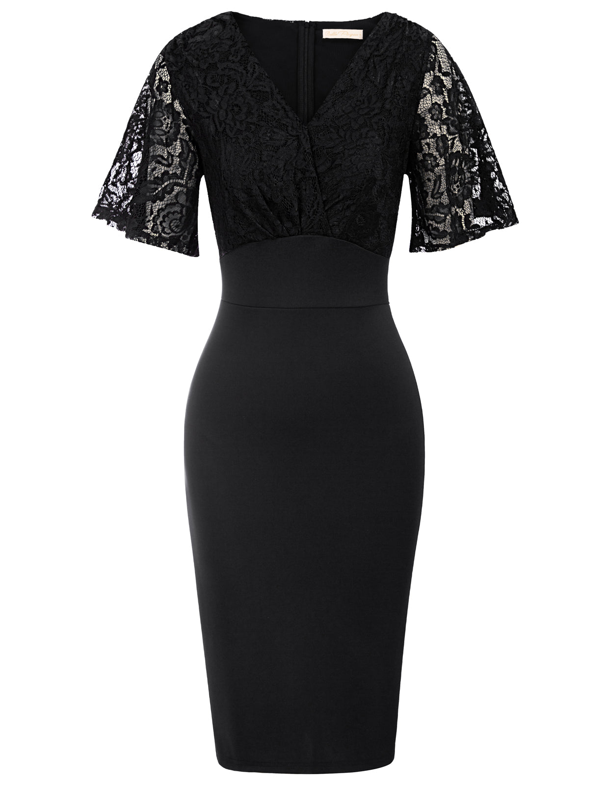 belle poque Lace Patchwork Dress Short Sleeve V-Neck Bodycon Dress Black