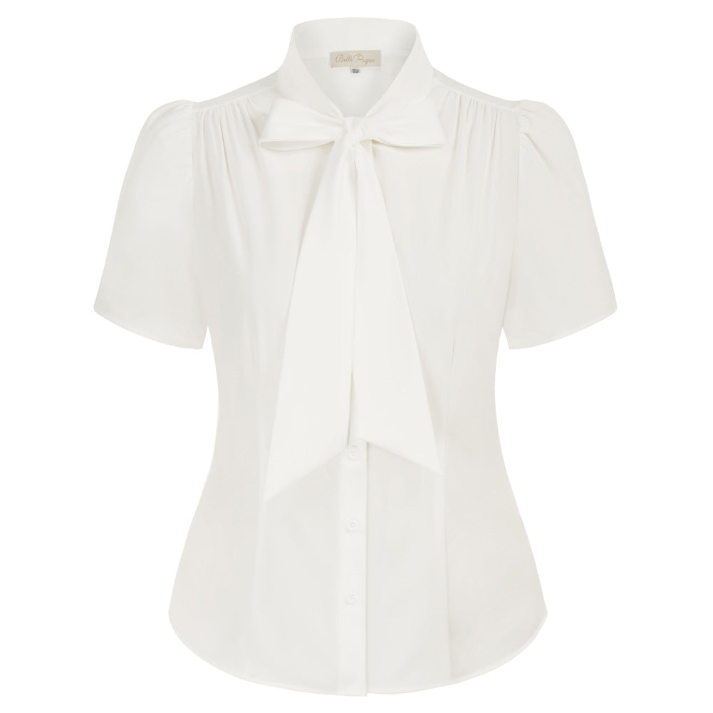 belle poque Plus Size Bow-Knot Decorated Shirt Short Sleeve Button-up Blouse Tops White