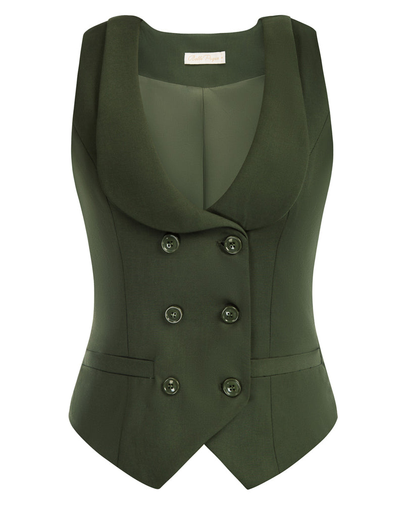 belle poque Double Breasted Waistcoat Vintage Lapel Collar Vest Coat with 2 Pockets Green