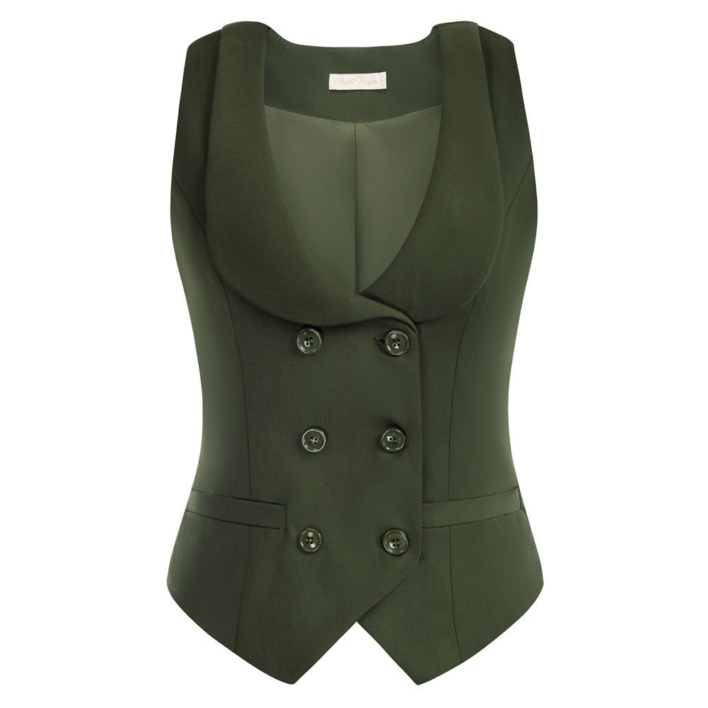 belle poque Double Breasted Waistcoat Vintage Lapel Collar Vest Coat with 2 Pockets Green