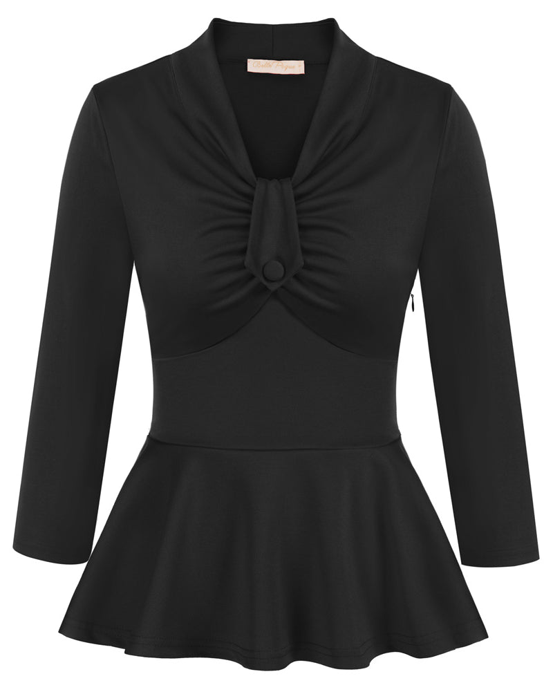 belle poque Seckill Offer⌛Vintage Peplum Hem Tops 3/4 Sleeve V-Neck Ruched Tops Black