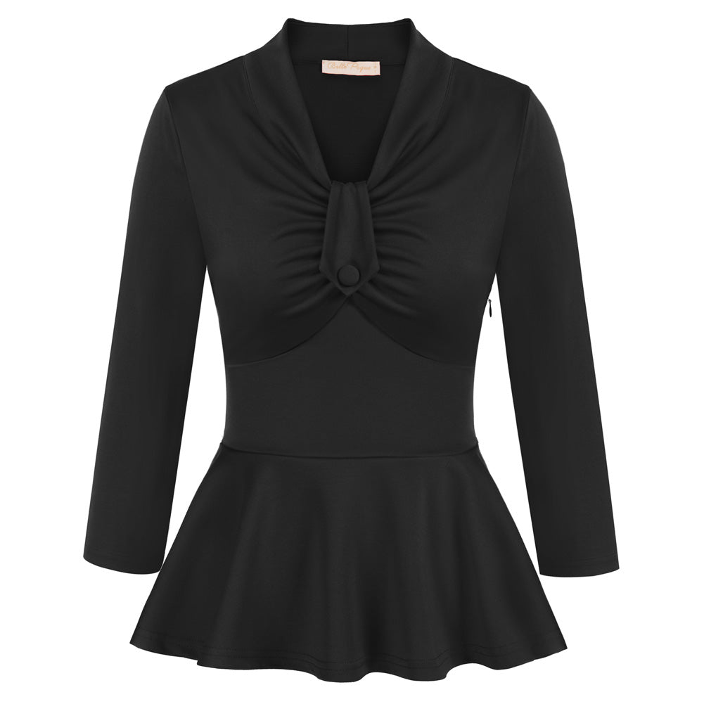 belle poque Seckill Offer⌛Vintage Peplum Hem Tops 3/4 Sleeve V-Neck Ruched Tops Black