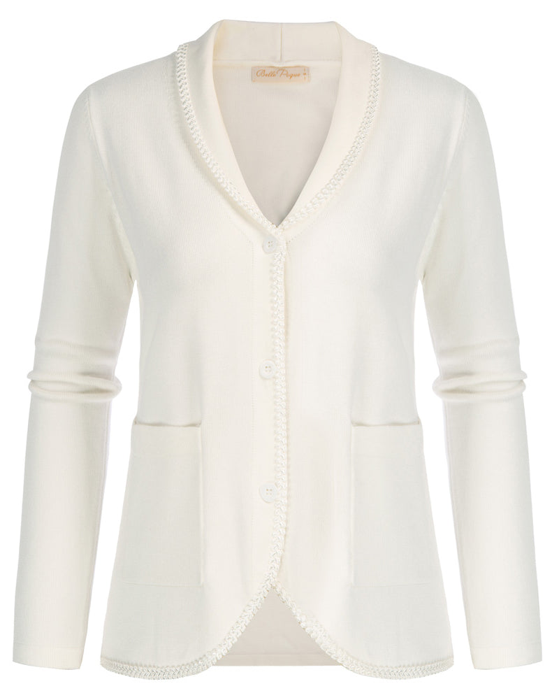 belle poque Vintage Shawl Lapel Cardigan Sweater Long Sleeve Knitted Blazer Coat White