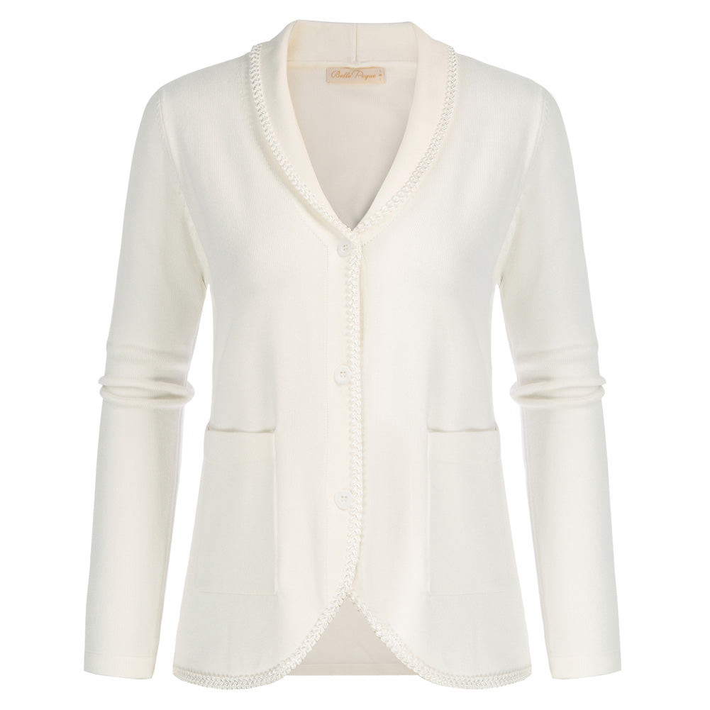 belle poque Vintage Shawl Lapel Cardigan Sweater Long Sleeve Knitted Blazer Coat White